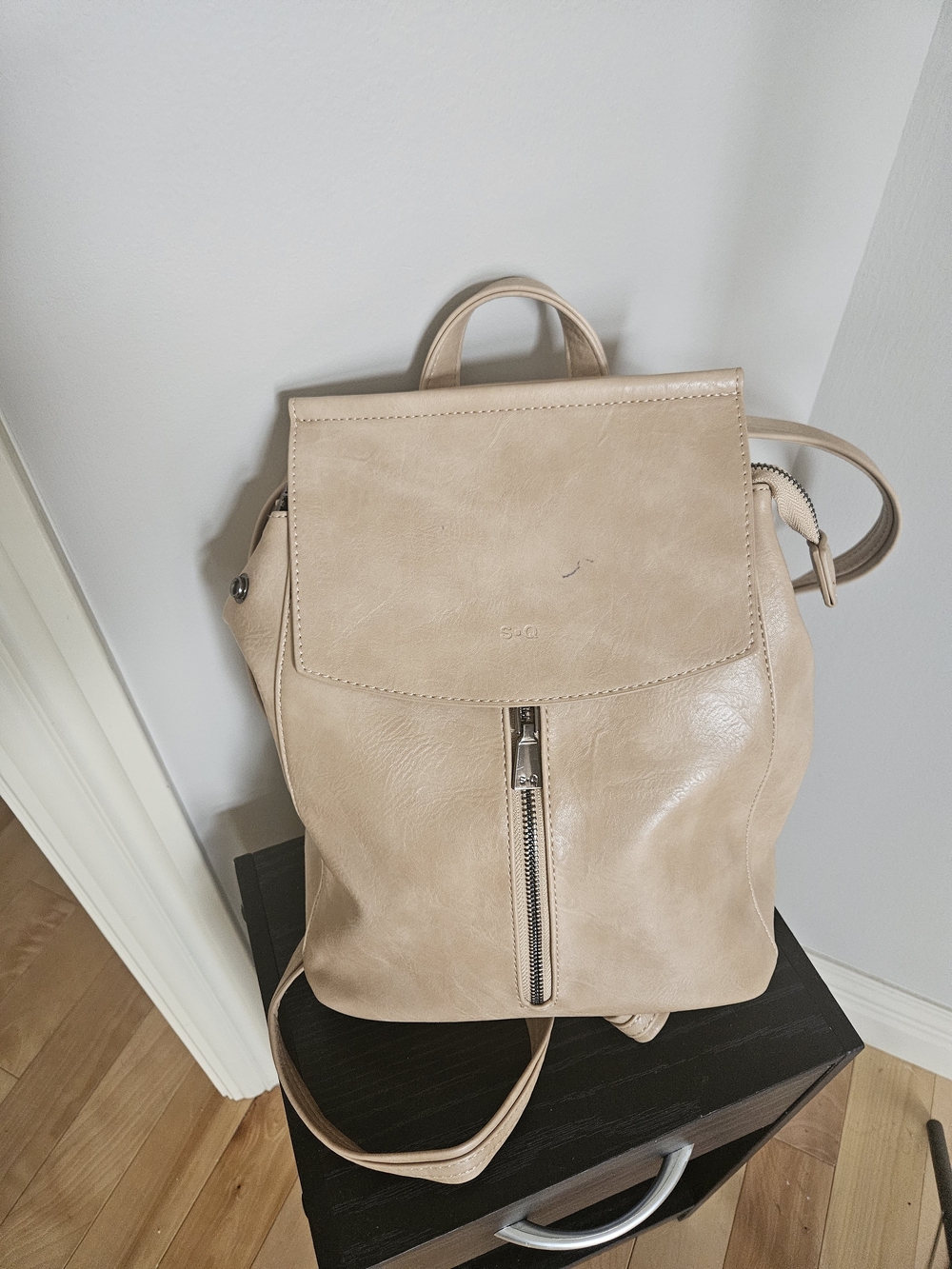 Beige  Leather Backpack with Front Zip